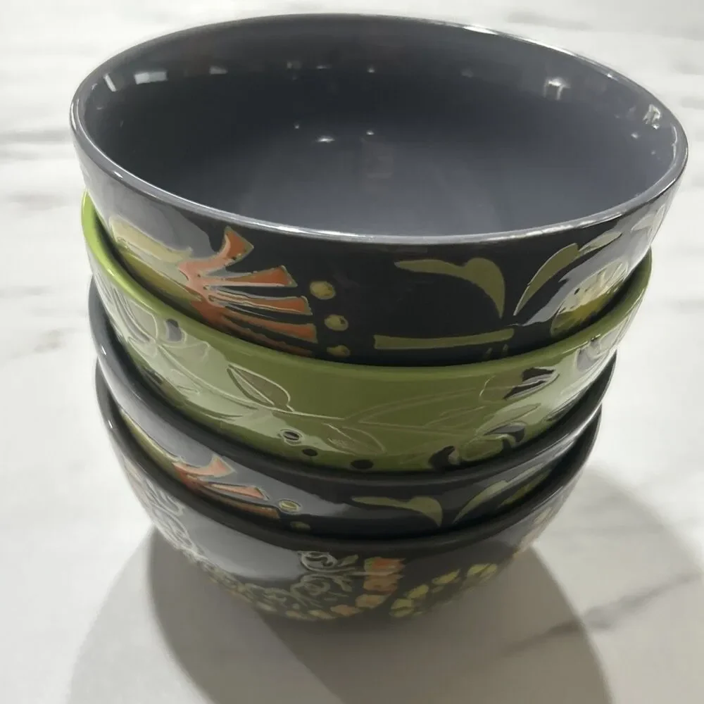 180 Robin Pickens Cereal Bowls Green Floral Textured Set of 4 Mixed Patterns